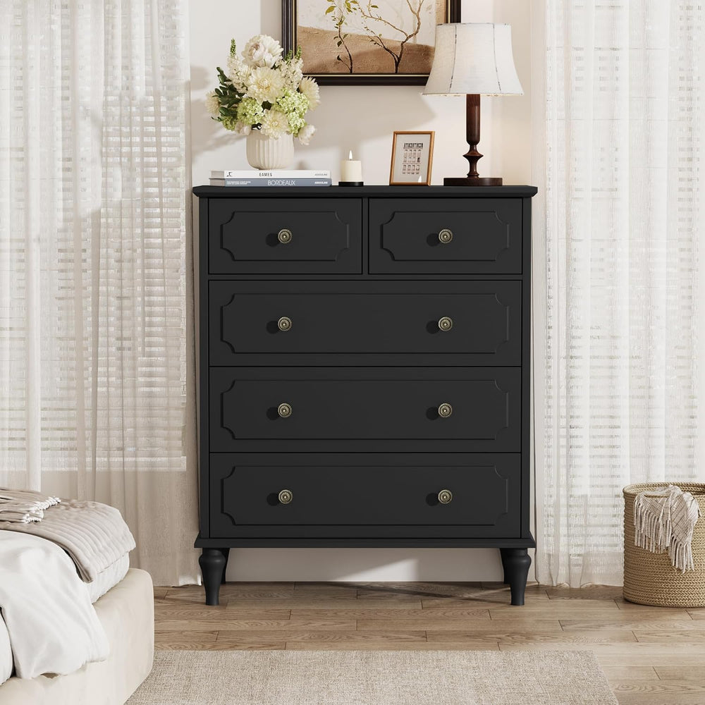 Black Dresser with 5 Drawers, Vintage Tall Dresser for Bedroom
