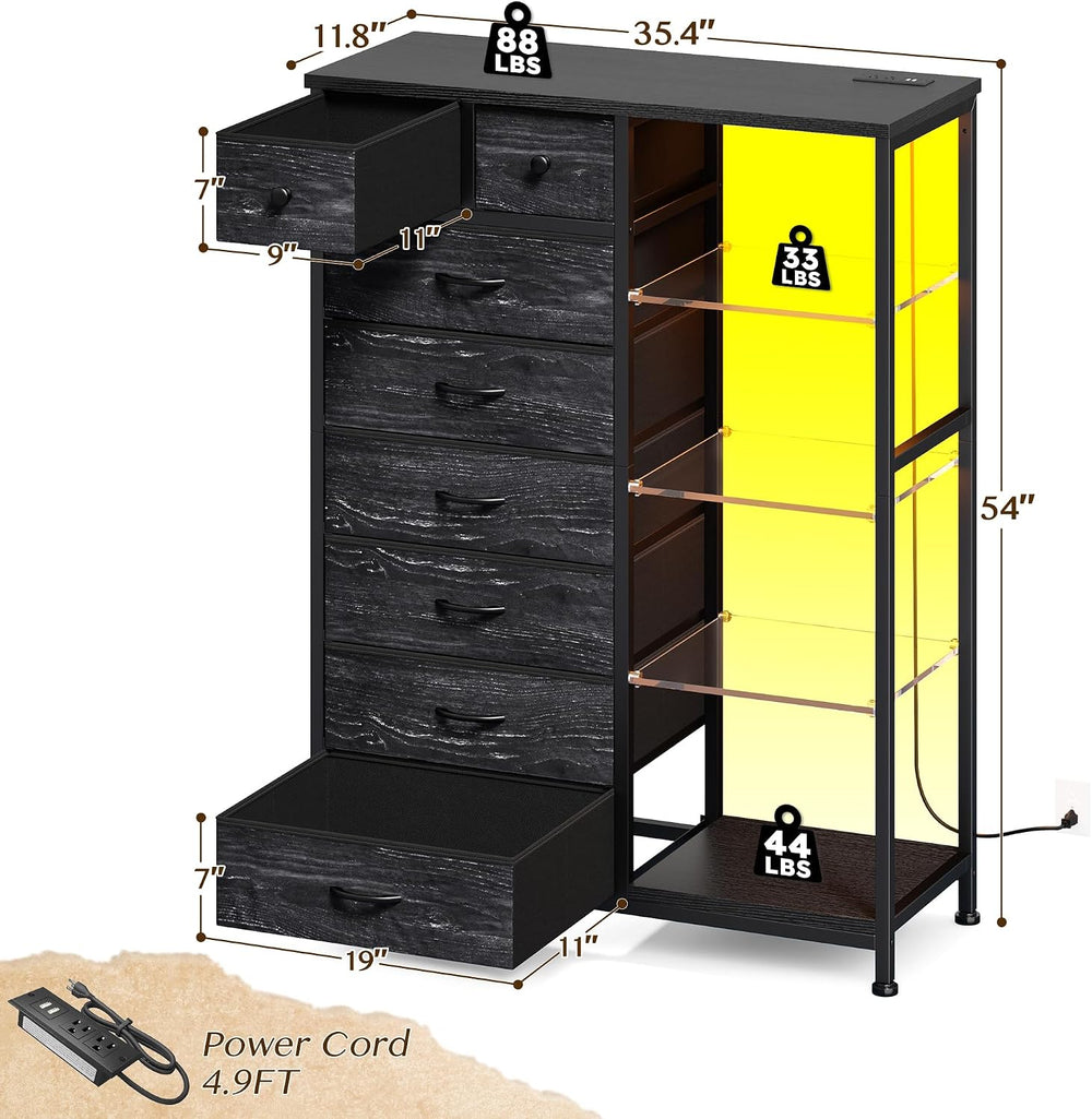 EnHomee Black Dresser with LED Lights & Power Outlets, 8 Drawers, 54" H
