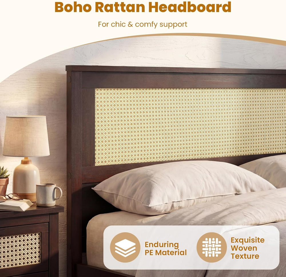KOMFOTT Full Size Bed Frame with 2 Drawers, Rattan Bed Frame (Espresso)