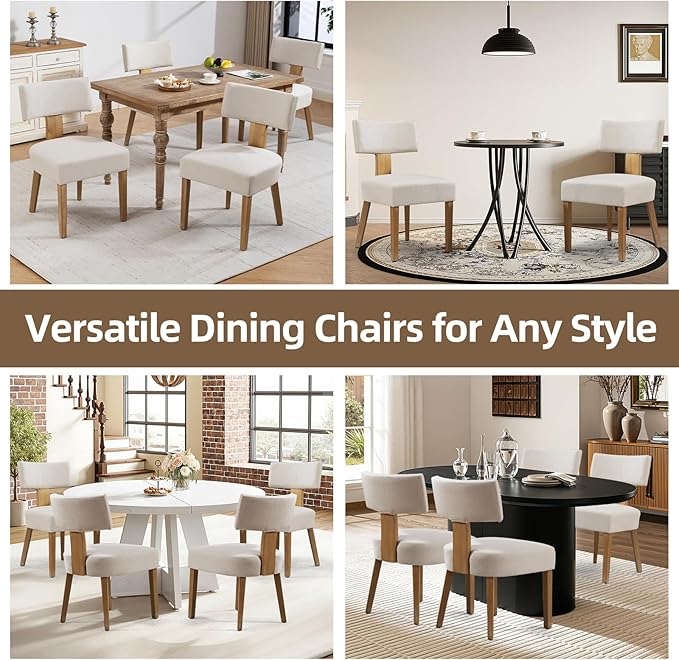Dining Chairs, Fabric Upholstered Wood Kitchen Chairs Set of 6, Linen Curved ...