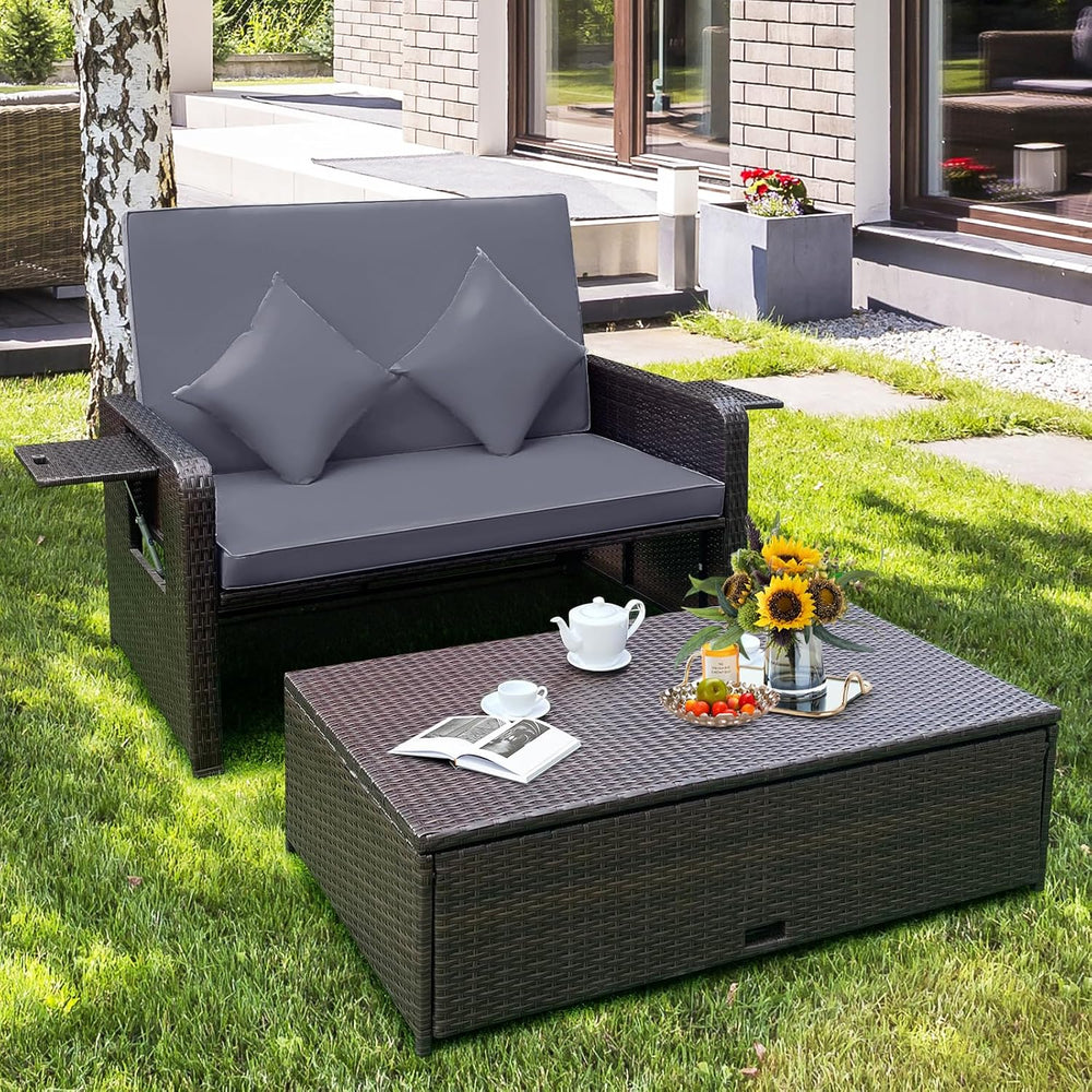 Tangkula Patio Rattan Daybed with 4-Level Adjustable Backrest, Grey Cushion