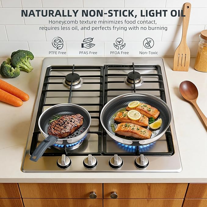 Ciwete Hybrid Non Stick Frying Pans Set 3-Piece, 8 & 9.5 Inch Tri-Ply Sta...