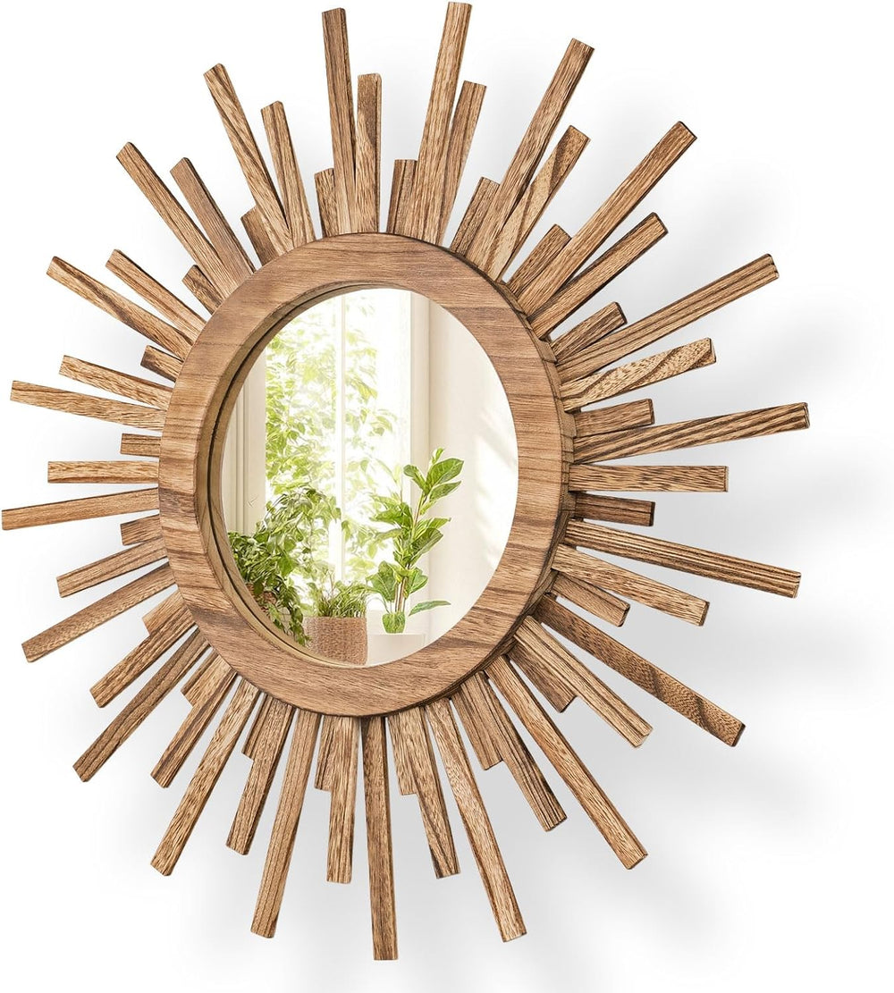 24 Inch Boho Sunburst Mirror, Round Wooden Wall Decor Starburst Sun Mirror fo...