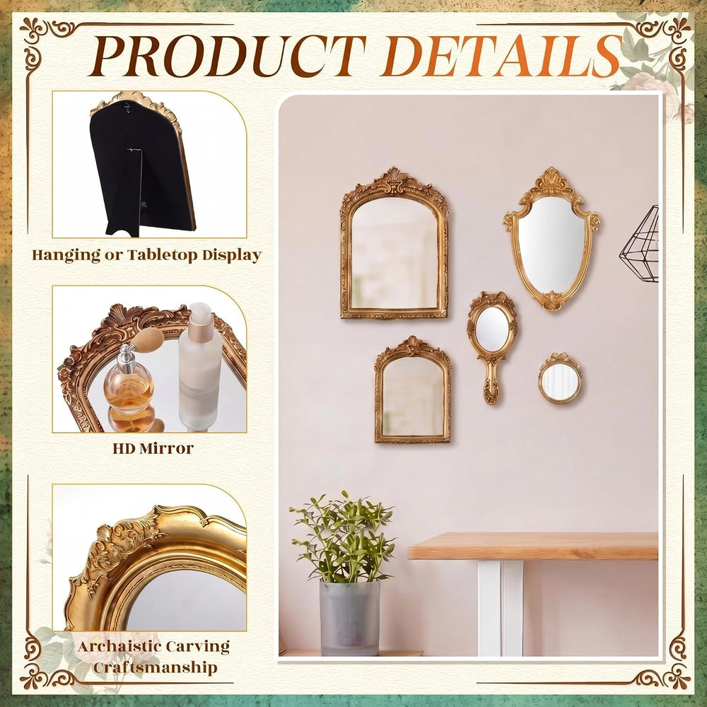 5 Pcs Vintage Gold Wall Mirror Set, 13in/8in/7in/4in, Classic Style