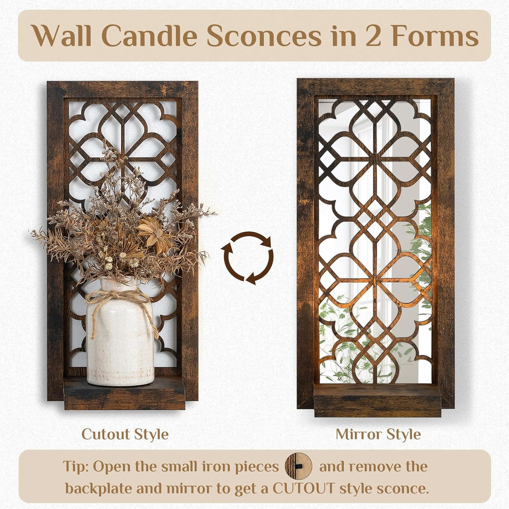 Wall Candle Holder Set of 2 with RealMirror, Distressed Brown