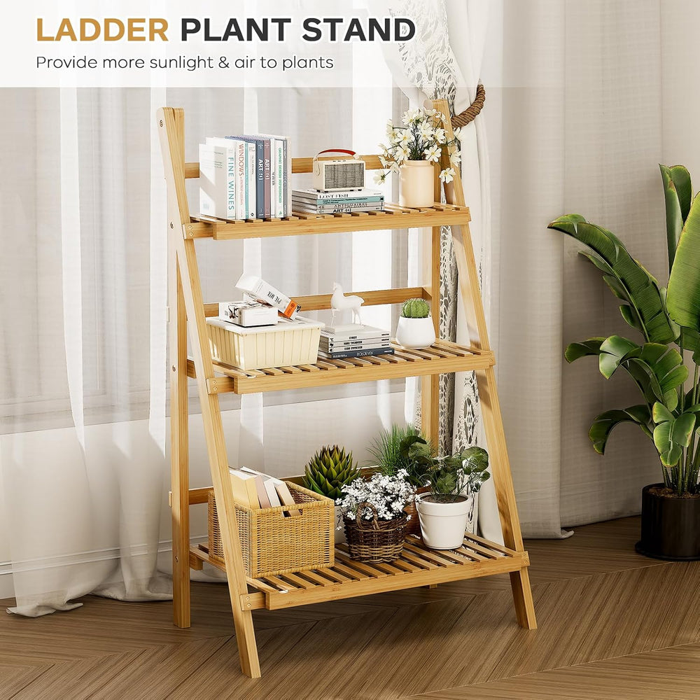 Foldable Ladder Shelf 39.4", Plant Shelf 3 Tier, Bamboo Ladder Flower Po...