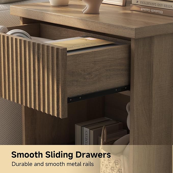 Fluted Nightstand Set of 2, 22.8" Wide Nightstands with Drawer Storage L...