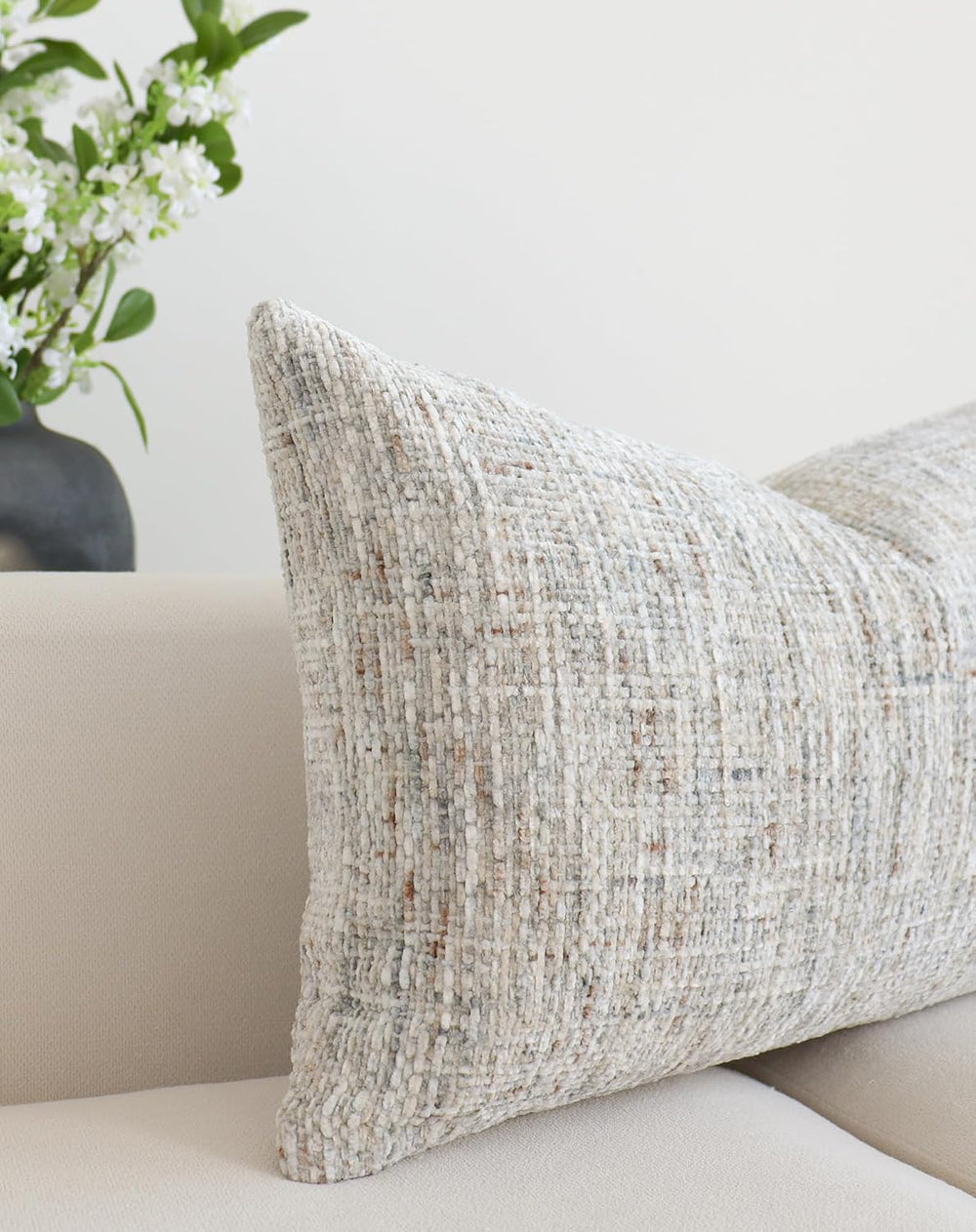 Textured Chenille Lumbar Pillow Covers 12x20 Inch Set of 2 Soft Neutral Woven...