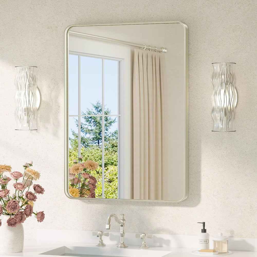 TETOTE Brushed Nickel Mirror 22 x 30 Brushed Nickel Metal Framed Bathroom Mir...