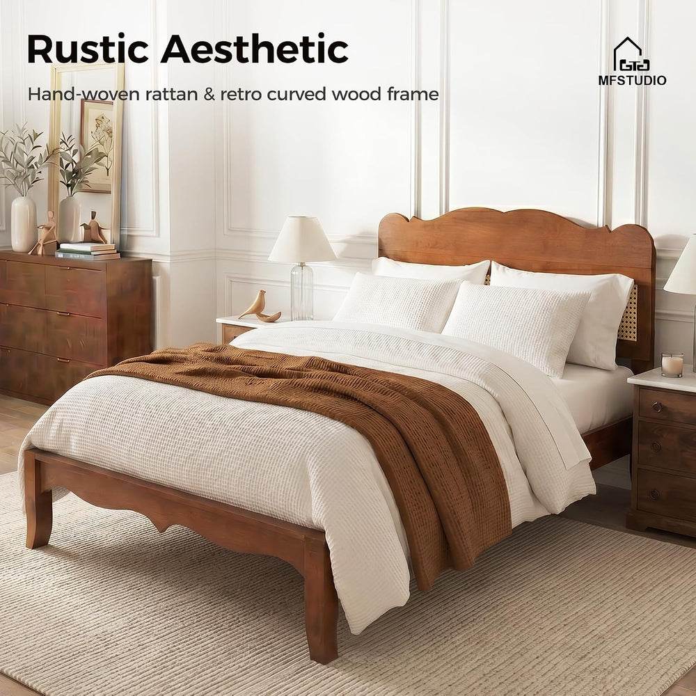 MFSTUDIO Wood Bed Frame Full Size with Adjustable Rattan Headboard