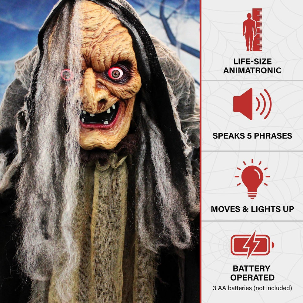 Haunted Hill Farm Life-Size Scary Poseable Talking Witch, Halloween Animatron...