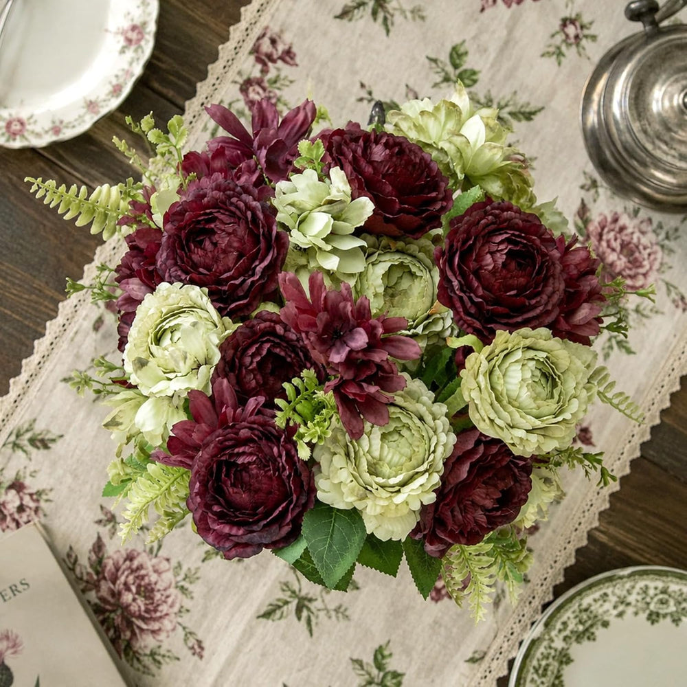 Burgundy Peonies Artificial Flowers Faux Fall Bouquet 17" for Vase, 3 PCS