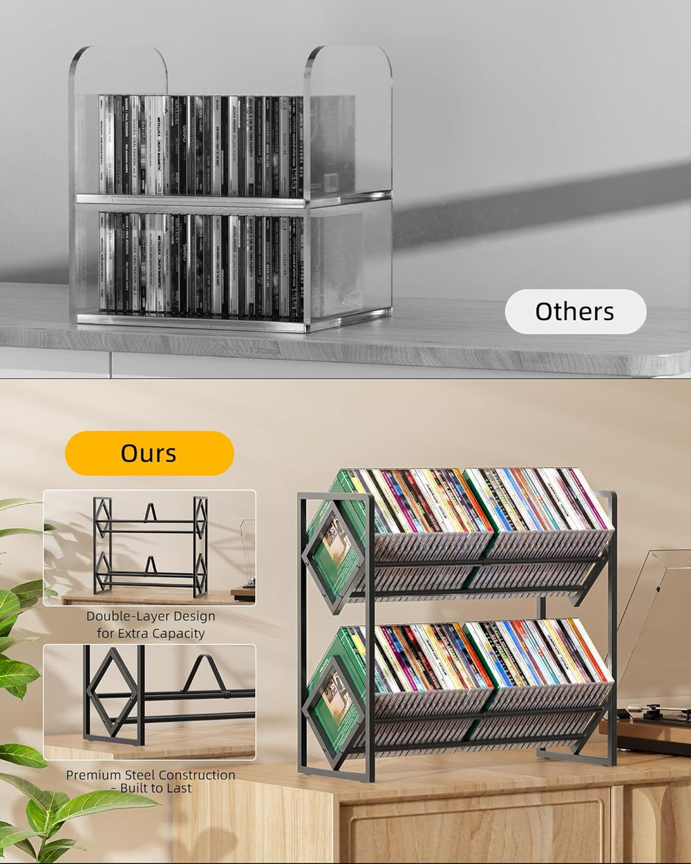 2-Tier CD Storage Metal Display Shelf, CD Holder Rack with Adjustable Divider...