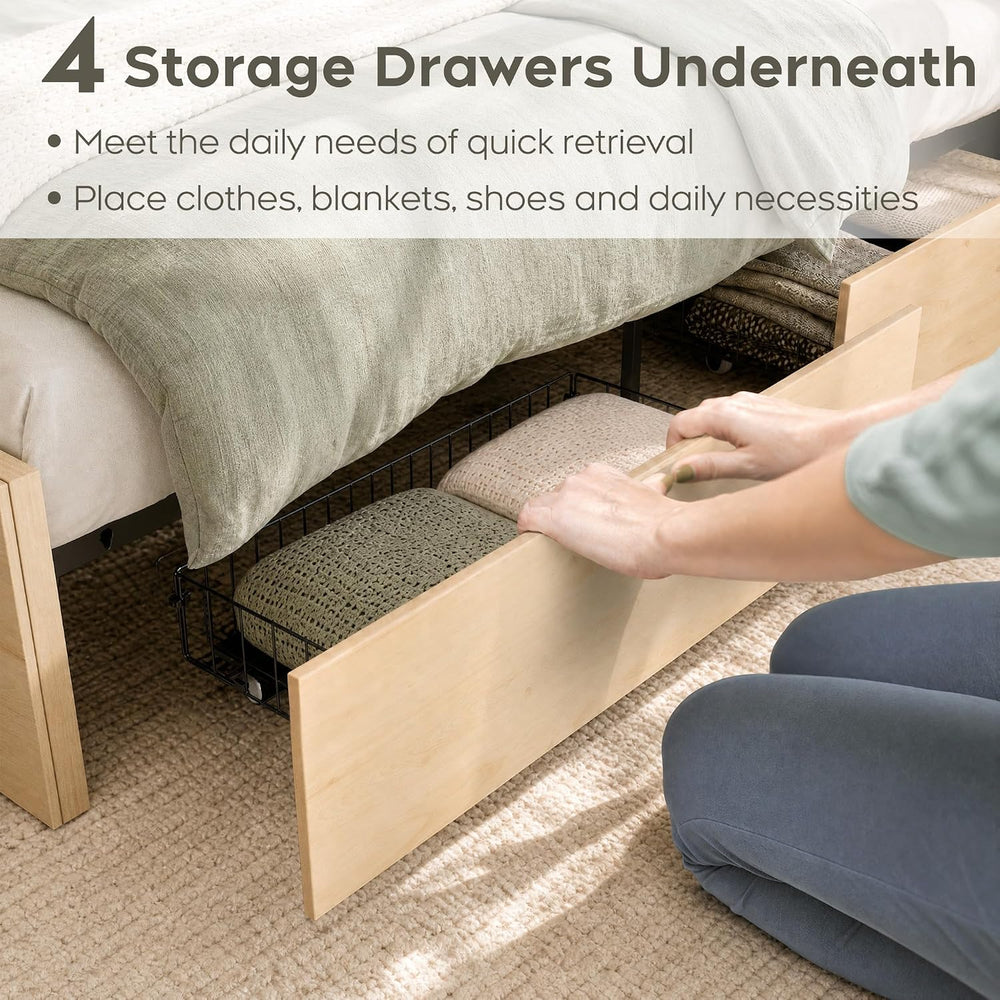 Queen Bed Frame with Natural Rattan Headboard and Wooden 4 Storage Drawers, M...