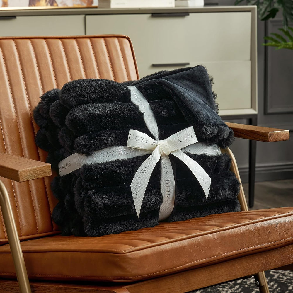 Cozy Bliss Faux Fur Throw Blanket for Couch, Cozy Warm Plush Striped Blanket ...