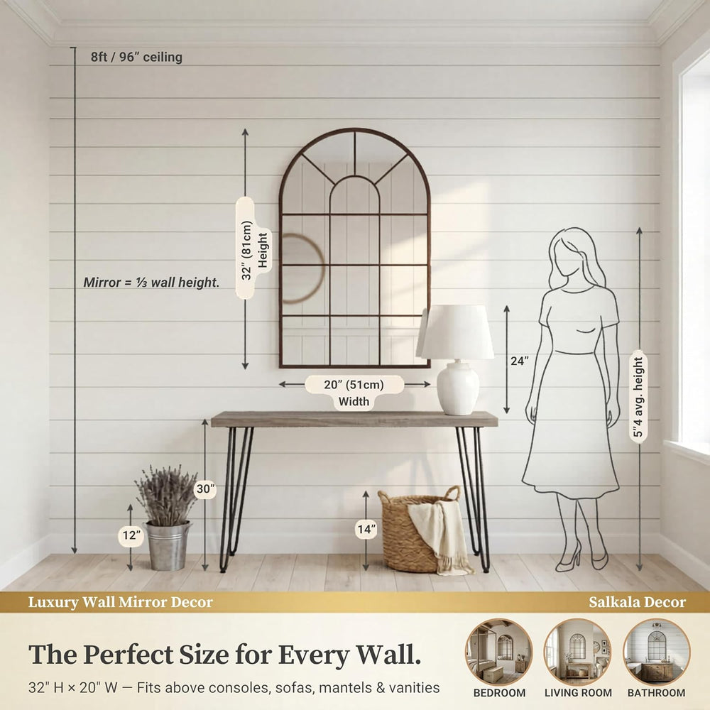 Black Arched Window Mirror | Farmhouse Decorative Wall Mirrors for Living Roo...