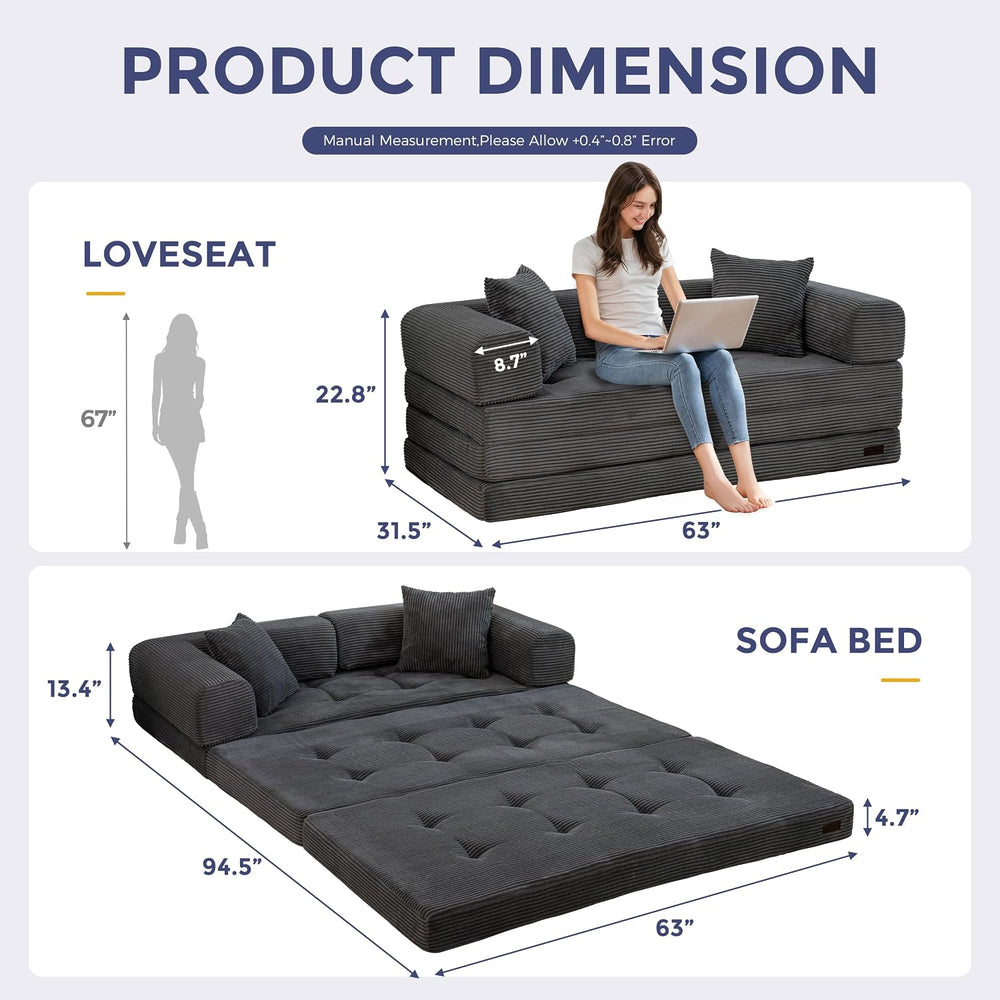 MAXYOYO 63" Convertible Sofa Bed, Boneless Futon Couch Floor Sofa, Dark ...