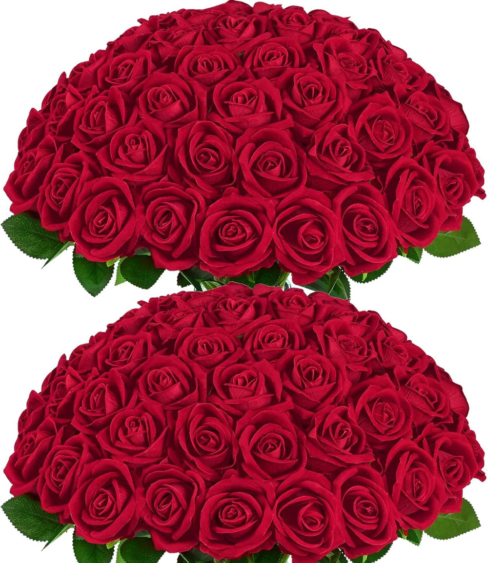 50Pcs Red Roses Artificial Flowers, Real Touch Velvet Fake Roses Bouquet