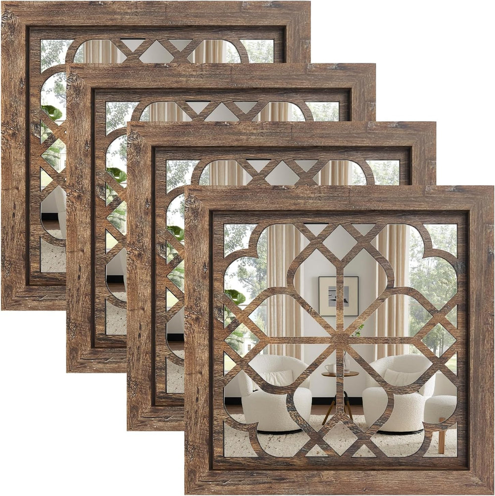 Set of 4 Boho Wall Mirrors with Carved Floral Design, 12x12 Inch Rustic Farmh...