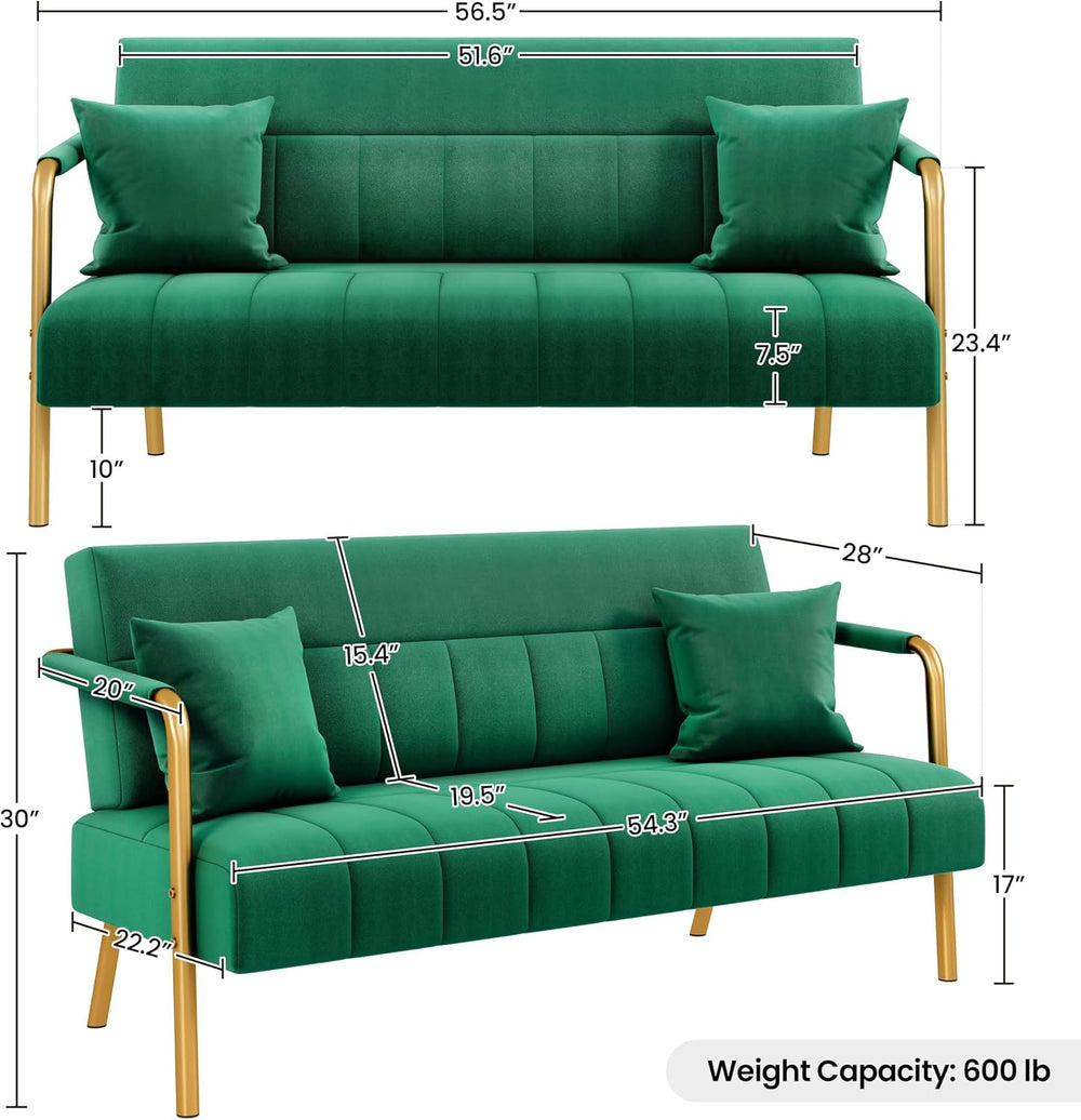 Yaheetech 56.5" Small Sofa 2 Seater Couch with Gold-Tone Legs, Green