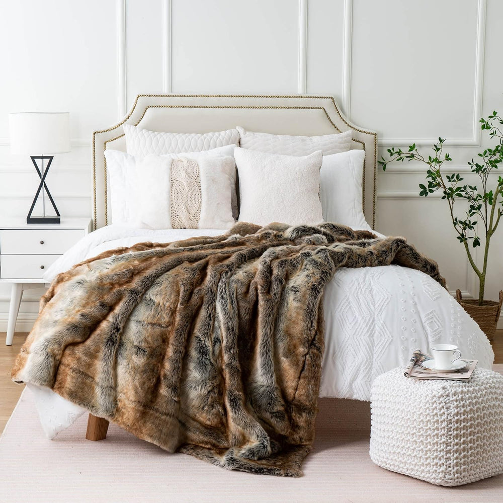 Battilo Large Brown Faux Fur Throw Blanket For Bed, 60"x80", Elegant