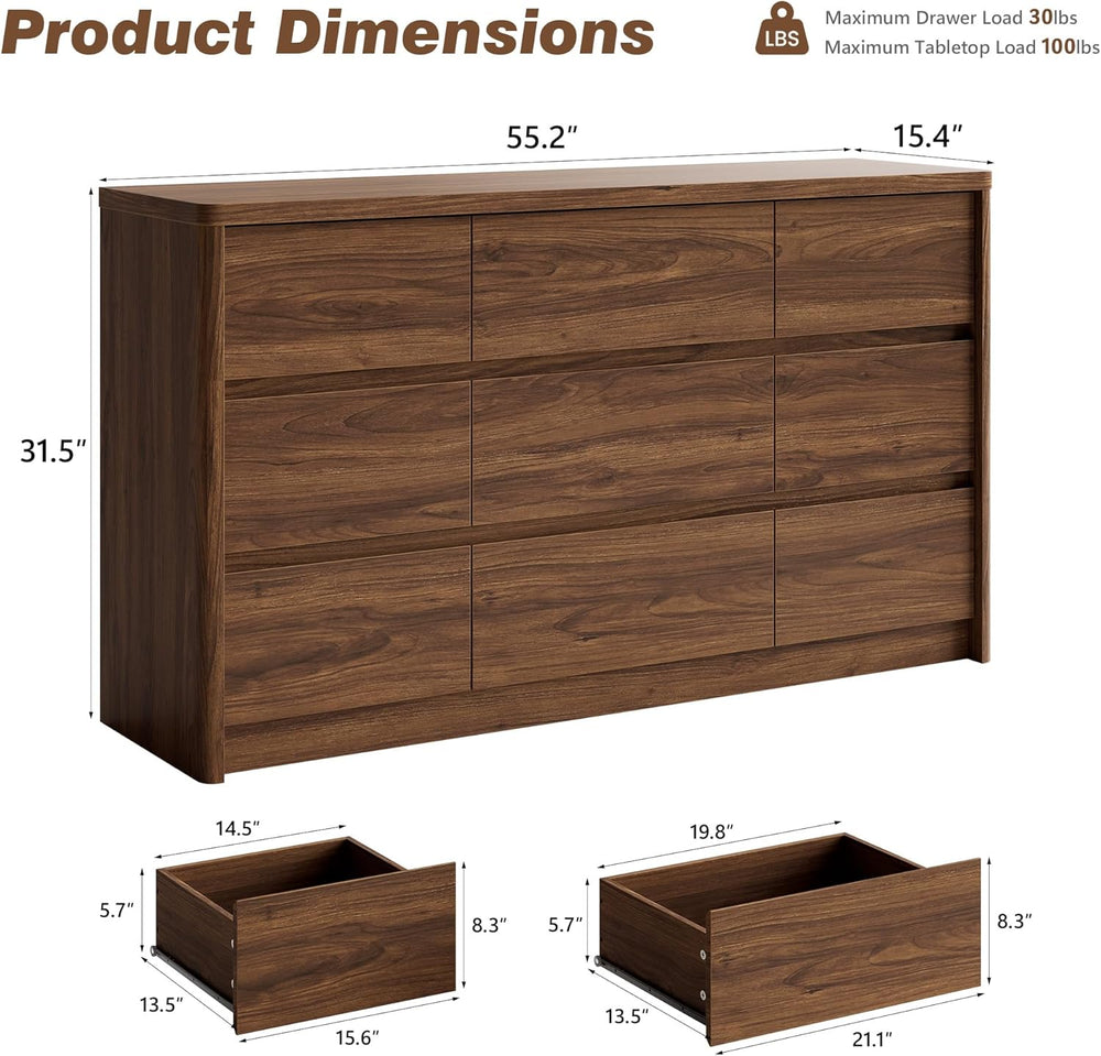 3 Pieces of Dresser and Nightstand Set,55 Inch Width 9-Drawer Dresser & 2...