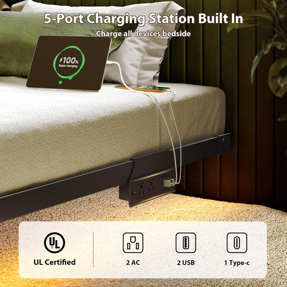 Floating Bed Frame Queen Size, Smart LED Lights & Charging Station, 9.45&...