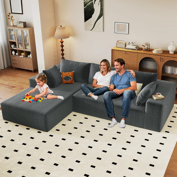 96" Modular Sectional Couch, Boneless L Shaped Cloud Sofa with Chaise Lounge, Corduroy Upholstered Couches Memory Foam Deep Seat, No Assembly Required, Ideal for Living Room(Dark Gray, Left Facing)