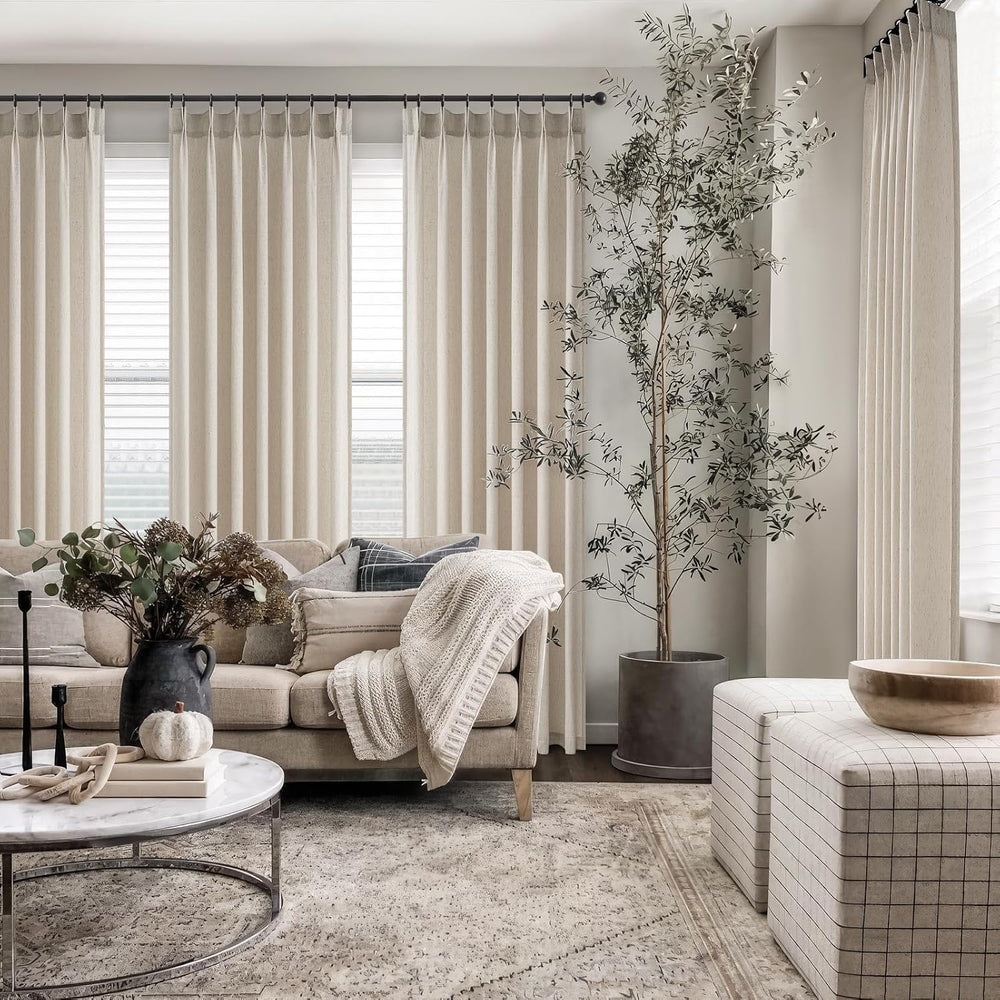 96 Inches Long Pleated Sheer Curtains,Oatmeal Linen Blended Light Filtering W...