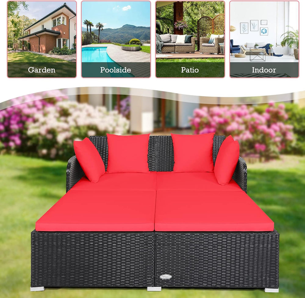 RELAX4LIFE Rattan Patio Outdoor Daybed, Wicker 2-Person Sunbed Loveseat with ...