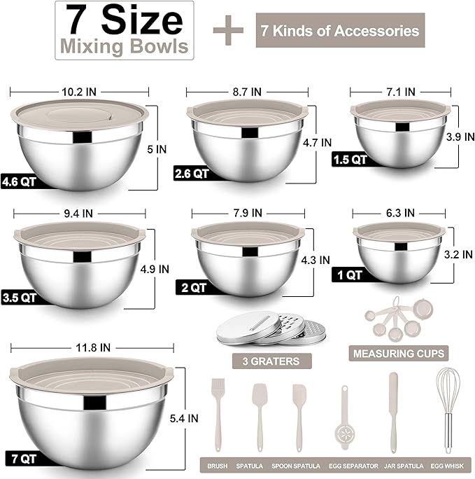 E-far Mixing Bowls with Lids Set, Size 7, Nesting Design & Khaki Airtight...