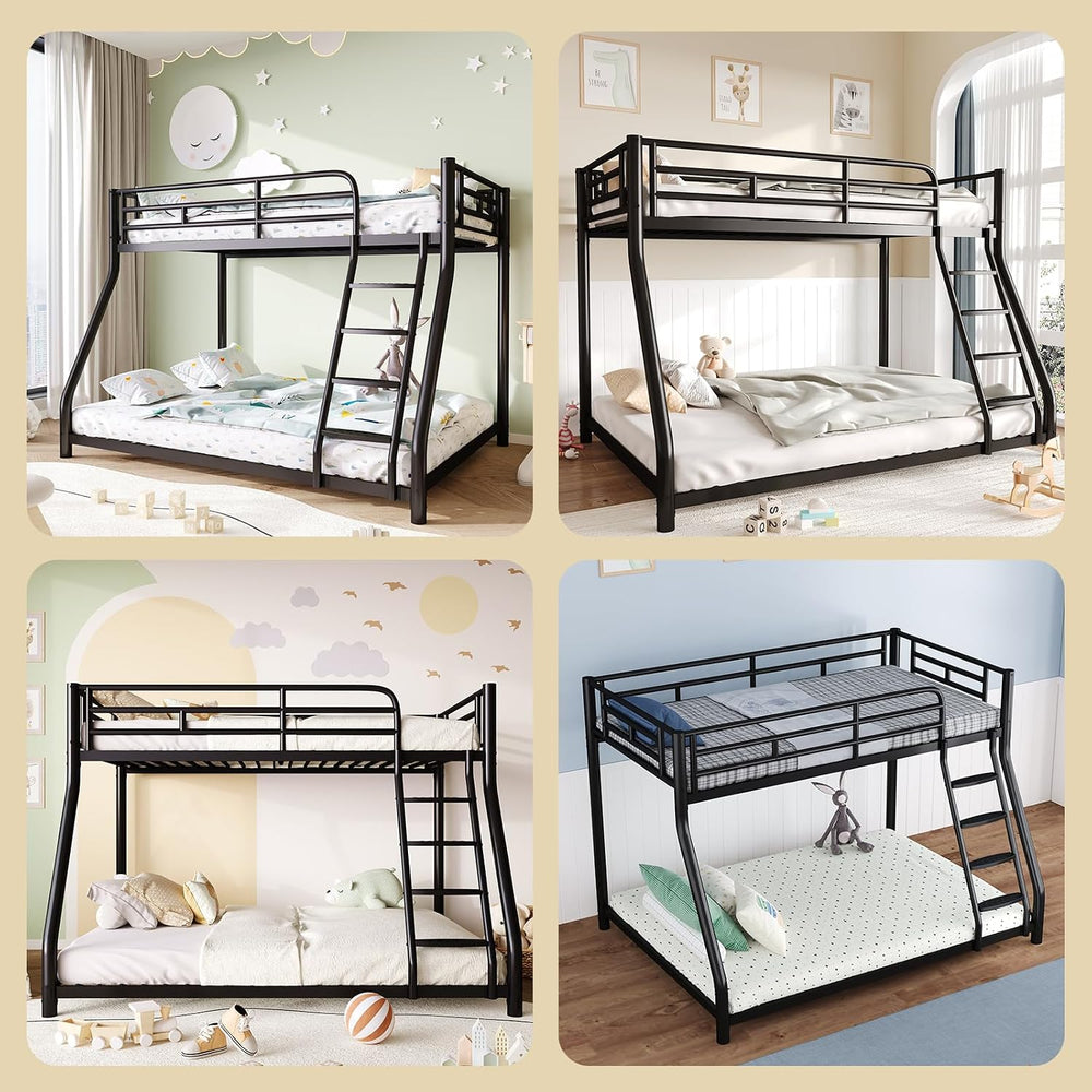 Metal Bunk Bed, Twin Over Full Bunk Bed with Safety Guardrail and Ladder, Hea...