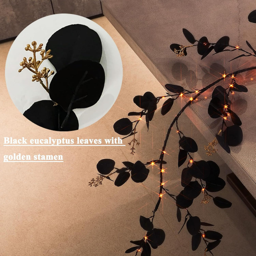 Hairui Lighted Black Eucalyptus Garland with Timer 96 LED Orange and Warm Whi...
