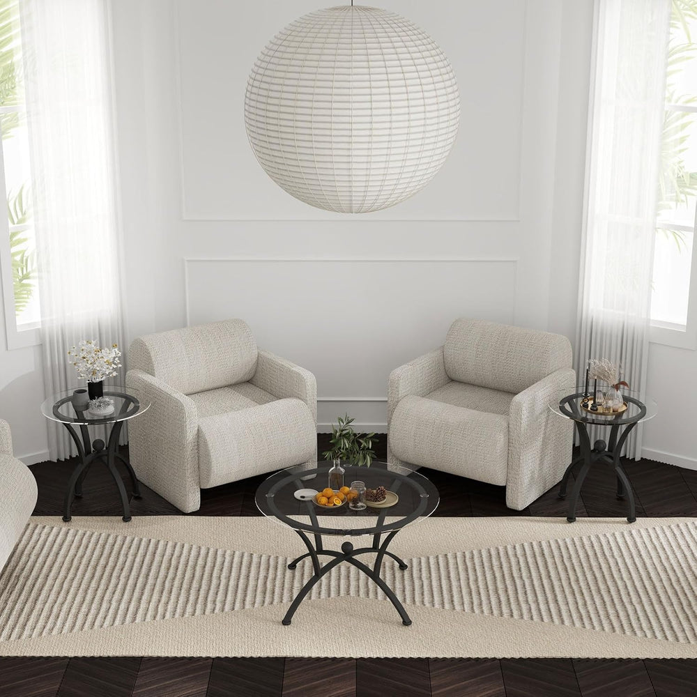 3 Piece Round Glass Coffee Table Set, Black Metal Steel Frame Center Table an...