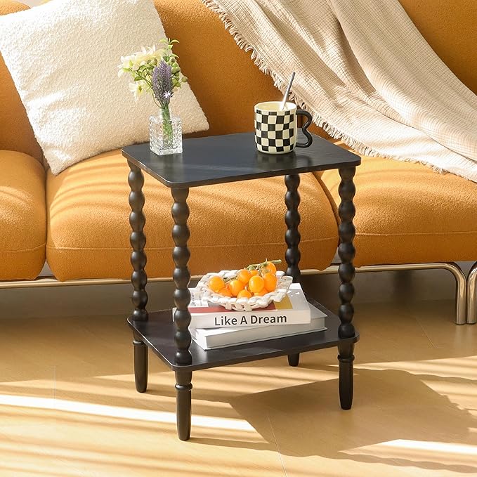 Black Side Table, Small End Table with 2-Tier Shelf, Vintage Night Stand with...
