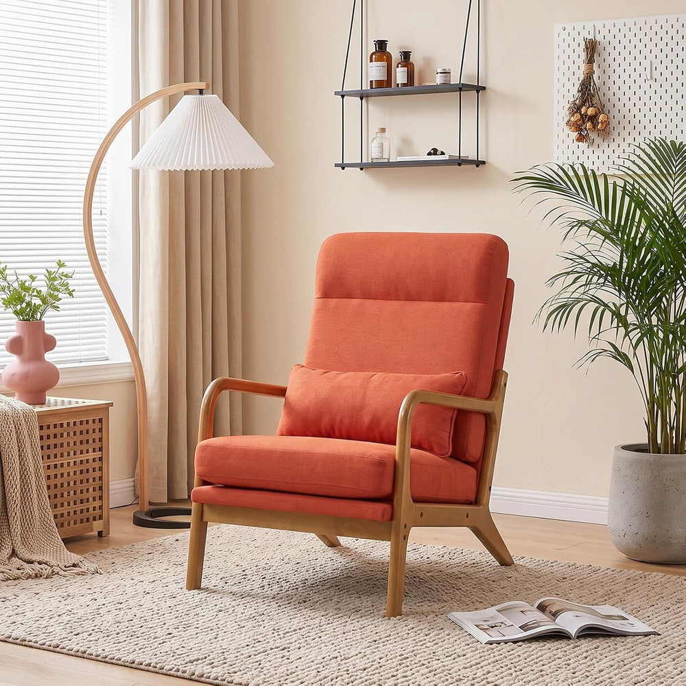 Bonnlo High Back Linen Burnt Orange Mid Century Modern Accent Chair, Soild Wo...