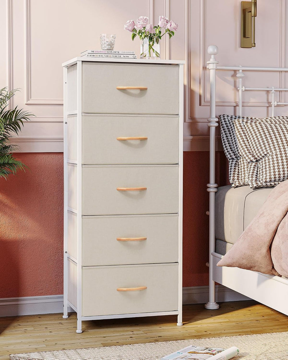 Tall Dresser Vertical Fabric Storage Tower Organizer, 5 Drawers (Beige)