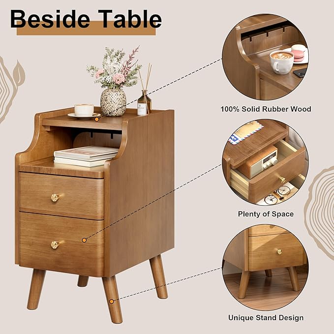 Narrow Nightstand, Solid Wood Night Stand with 2 Drawers, Walnut Mid Century ...
