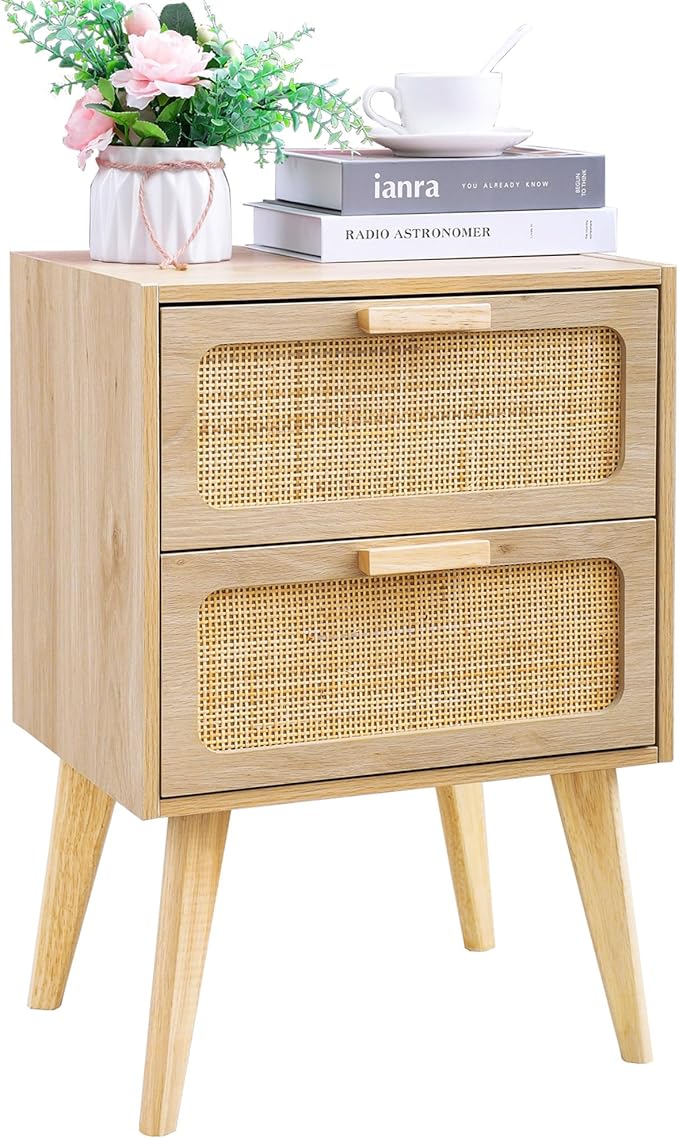 Rattan Nightstand,Boho Bedside with Storage,End Table,Side Table with 2 Hand ...