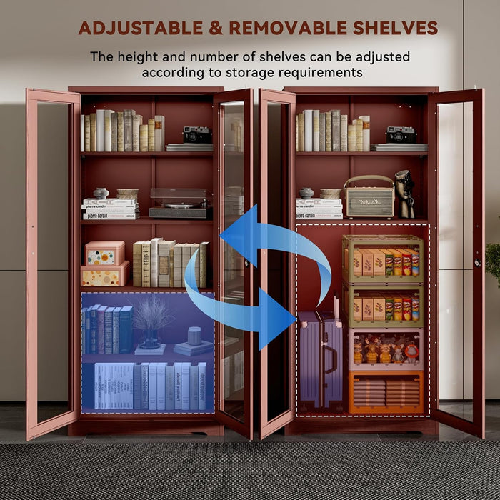 Display Cabinet with Glass Doors,71" Metal Curio Cabinets with 4 Adjustable Shelves, 5 Tier Display Case for Collectibles, Metal Storage Cabinet, Brown