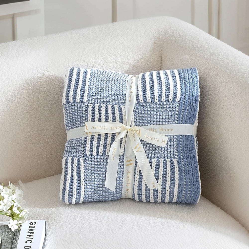 Amรฉlie Home Checkered Knit Throw Blanket for Couch, Blue 50"x60"