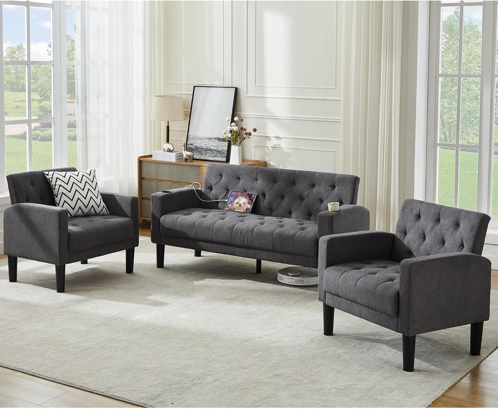 Mid-Century Modern Tufted Loveseat Sofa Set w/ 2 USB & 2 Cupholders