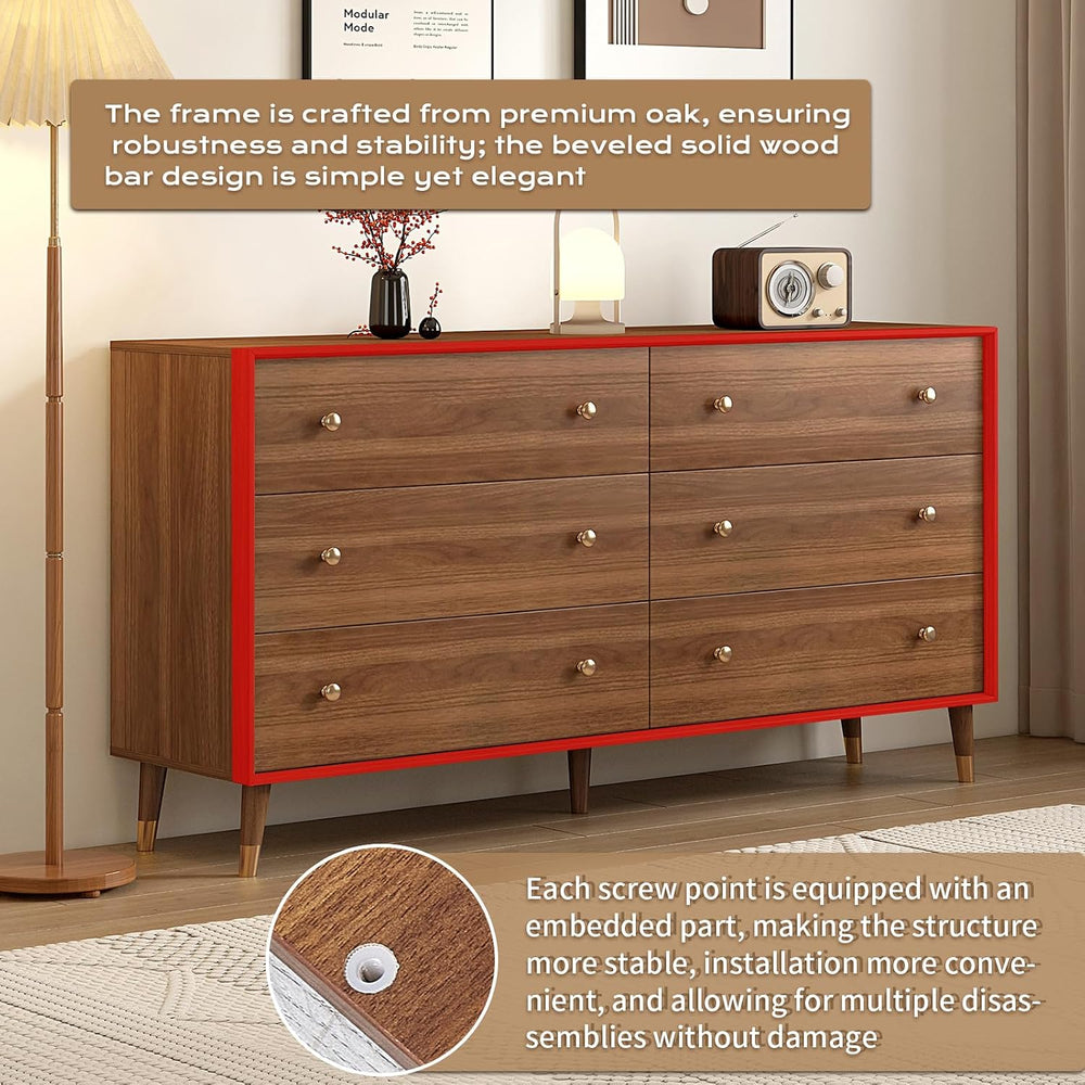 Mid Century Modern 6-Drawer Dresser, 55 Inch Solid Wood Frame Chest, Walnut