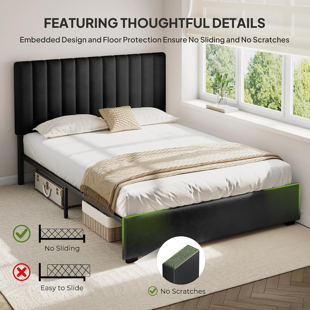 Welzona Full Size Velvet Upholstered Bed Frame with Tufted Headboard, Black
