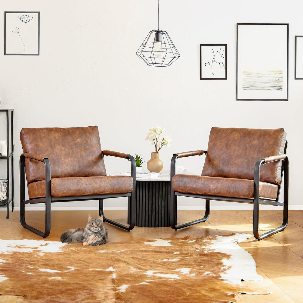 PrimeZone Faux Leather Mid-Century Modern Accent Chair Set of 2, Brown