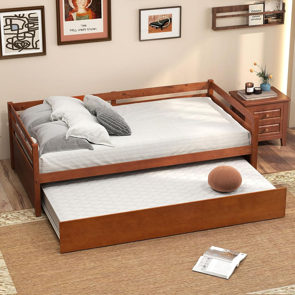GIANTEX Twin Daybed with Trundle, Wood Trundle Bed with Wood Slat Support, Mi...