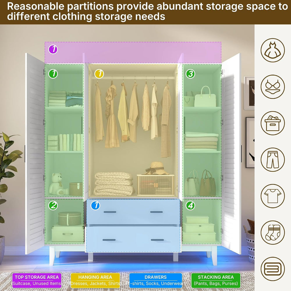 4 Door Armoire Wardrobe Closet Cabinet with Drawers and LED Lights, Multi-Tie...
