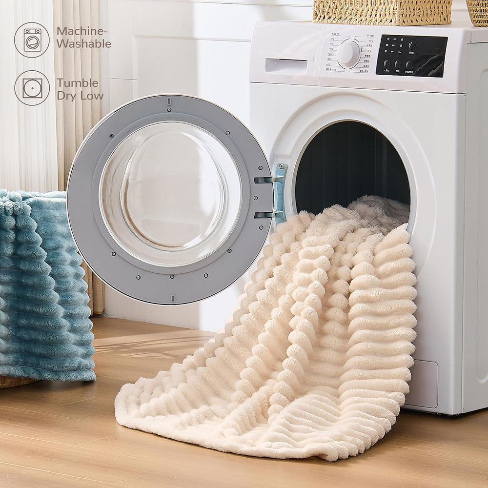 330GSM Ribbed Fleece Queen Blanket for Bed, Cream, 90"x90"