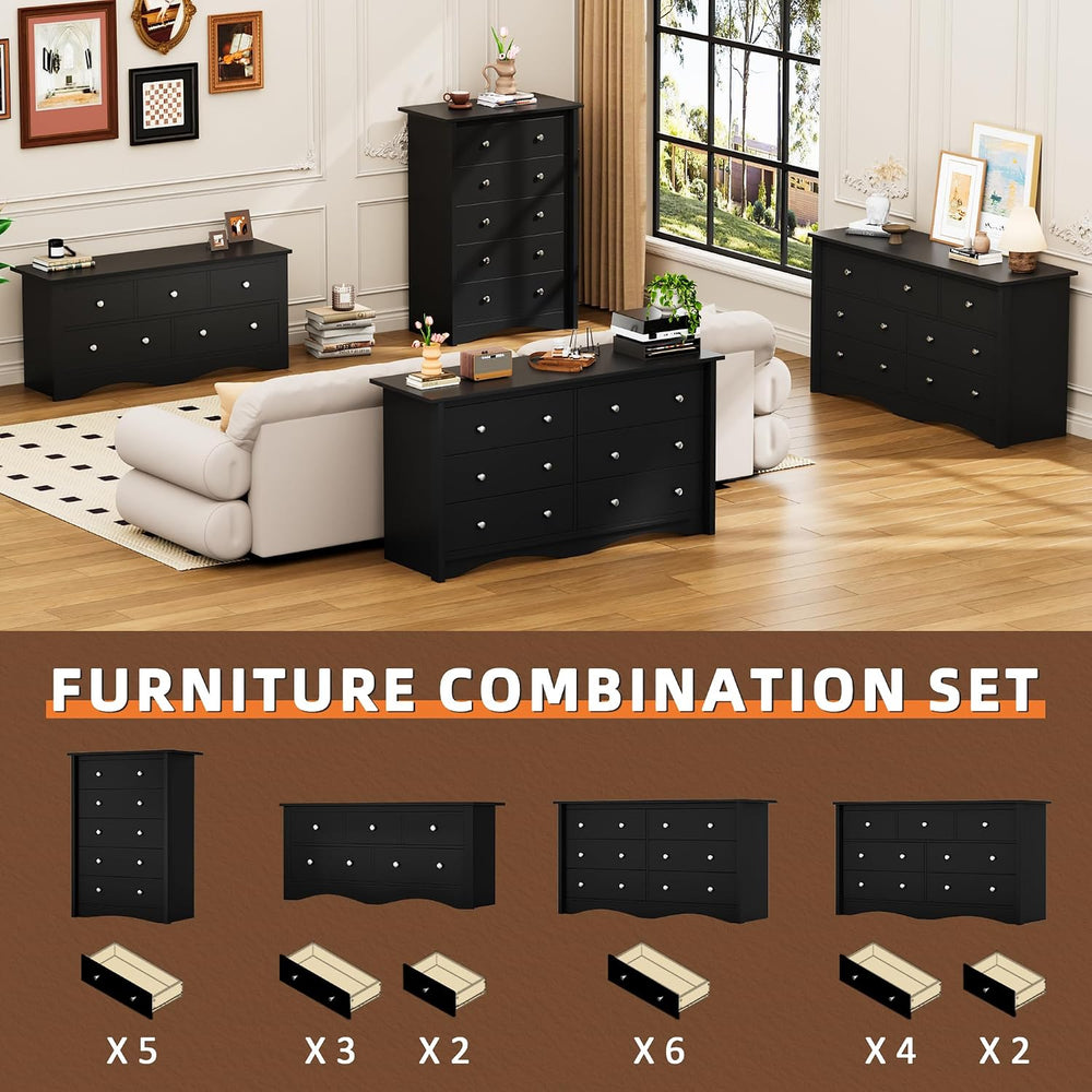 Flamaker Dresser for Bedroom, 6 Drawer Wood Dresser, Black