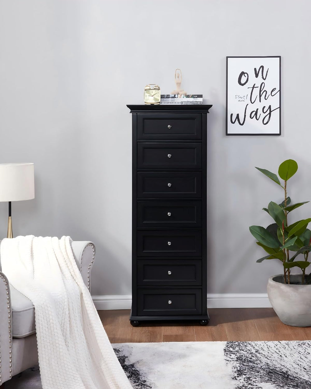 Tall Skinny Dresser for Bedroom with 7 Drawers, Black Narrow Wood Dresser